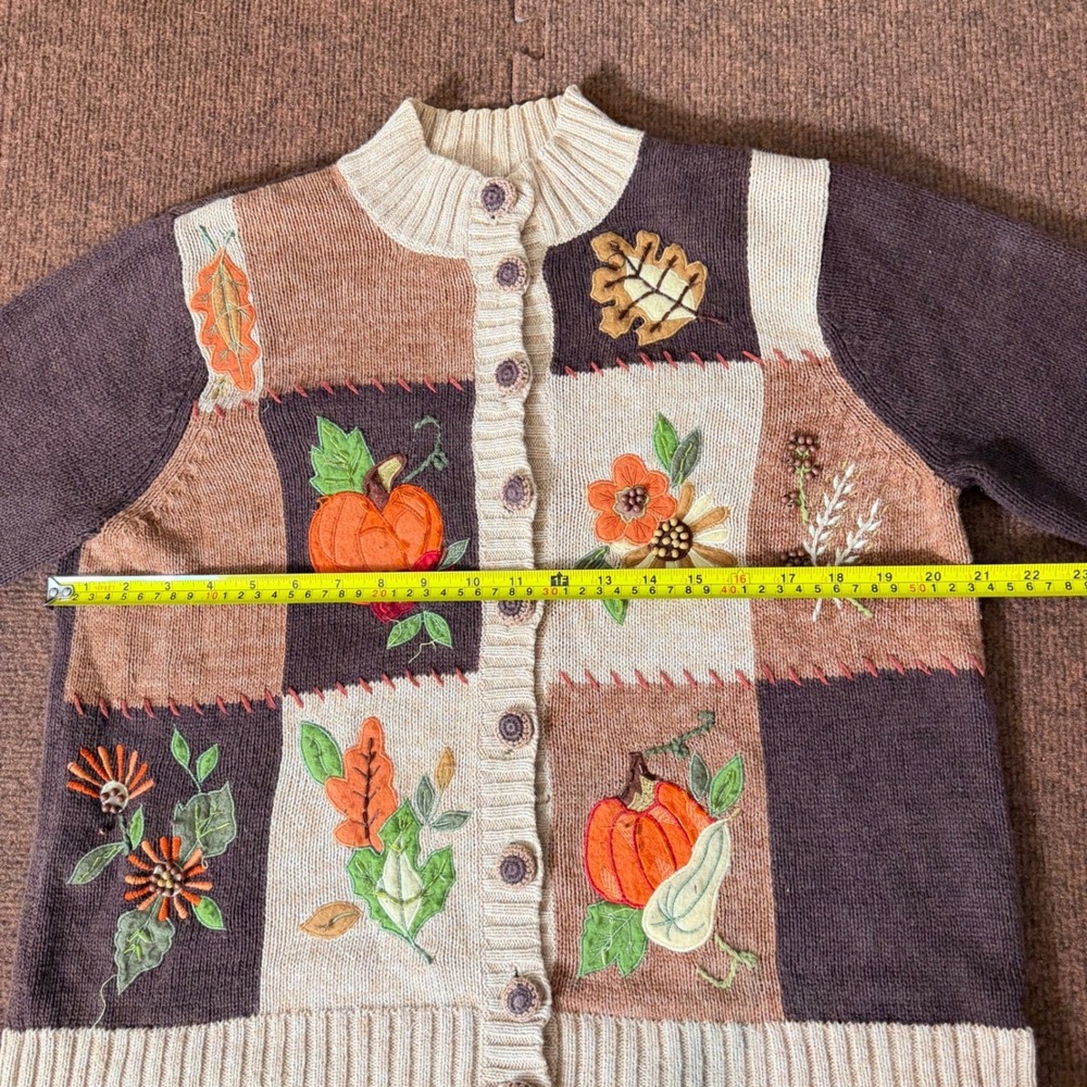 Tiara International Fall Patchwork Cardigan Pumpkin Embroidered Sweater Brown L - Picture 8 of 10